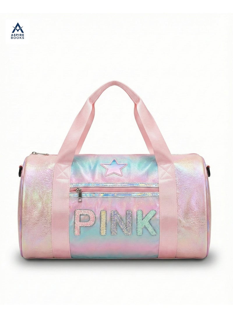 Aspire Books Kids Holographic Duffle Bag with Coin Pouch – Iridescent Travel Weekender & Dance Bag for Girls – Glitter "PINK" Lettering, Star Patch, and Adjustable Strap – Perfect for Shopping, Outings, and Sleepovers (Pink/Rainbow) - Image 3